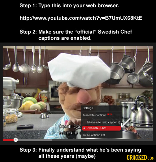 Step 1: Type this into your web browser. http:llwww.youtube.com/watch?v=B7UmUX68KtE Step 2: Make sure the official Swedish Chef captions are enabled