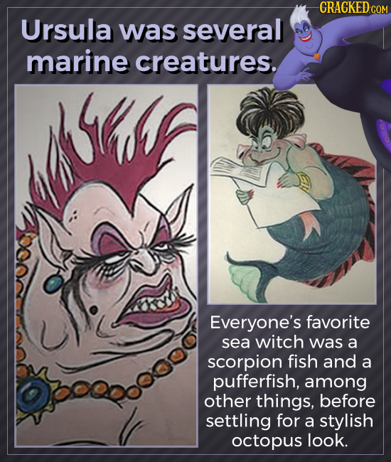 CRACKED COM Ursula was several marine creatures. ANE Everyone's favorite sea witch was a scorpion fish and a pufferfish, among other things, before se