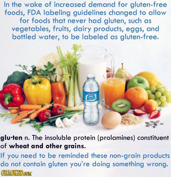 In the wake of increased demand for gluten-free foods, FDA labeling guidelines changed to allow for foods that never had gluten, such as vegetables, f