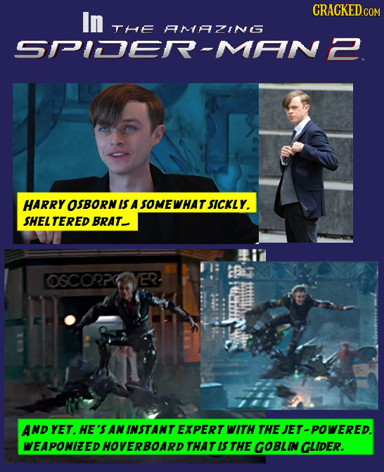 In THE ANtAING SPIDER-MAN2 HARRY OSBORN IS A SOMEWHAT SICKLY. SHEL TERED BRAT OSCORPCYER AND YET. HE'S AN INSTANT EXPERT WITH THE JET-POWERED. WEAPONI
