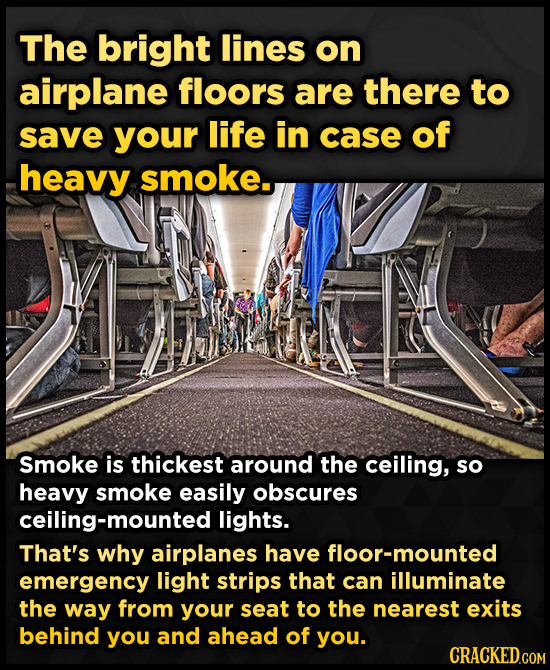 The bright lines on airplane floors are there to save your life in case of heavy smoke. Smoke is thickest around the ceiling, sO heavy smoke easily ob