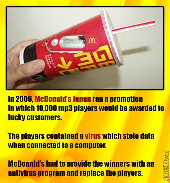 M a In 2006, McDonald's Japan ran a promotion in whicH 10,000 mp3 players would be awarded to lucky customers. The players contained a virus which sto