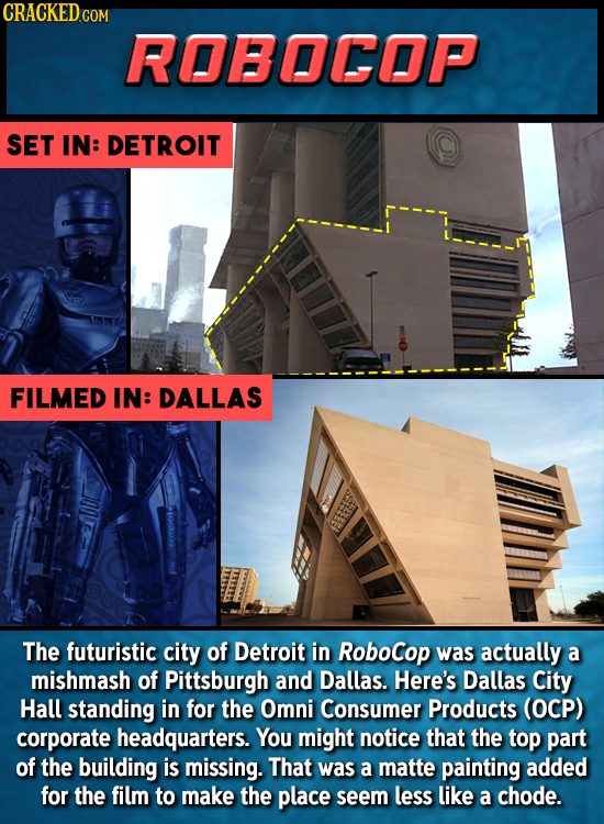 CRACKED.COM ROBOGOP SET IN: DETROIT FILMED IN: DALLAS The futuristic city of Detroit in RoboCop was actually a mishmash of Pittsburgh and Dallas. Here