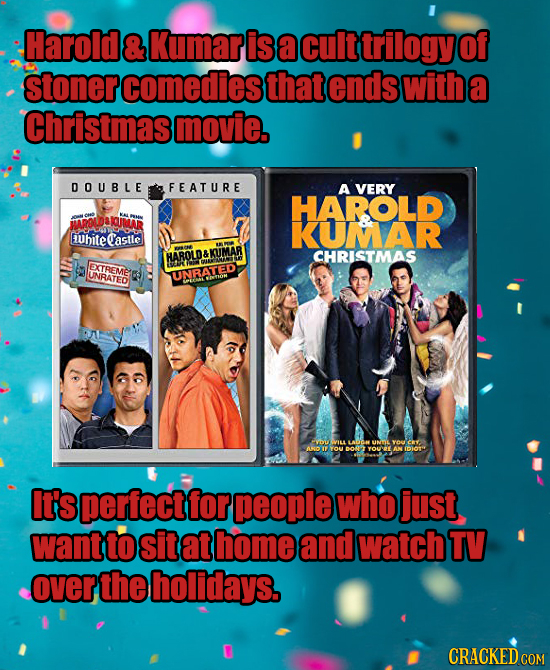 Harold & Kumar is a cult trilogy of stoner comedies that ends with a Christmas movie. DOUBLE FEATURE A VERY HAROLD DAKUMAR KUMAR Ubiteastle HAROLD&KUM