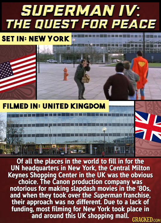 SUPERMAN IV: THE QUEST FOR PEACE SET IN: NEW YORK FILMED IN: UNITED KINGDOM Of all the places in the world to fill in for the UN headquarters in New Y
