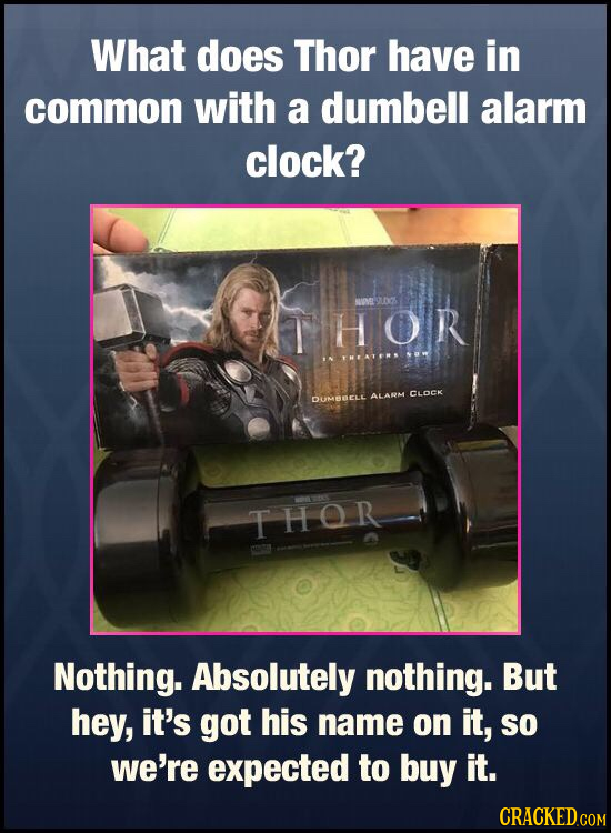What does Thor have in common with a dumbell alarm clock? VONEL THOR DUMBELE ALARM CLOCK THOR Nothing. Absolutely nothing. But hey, it's got his name