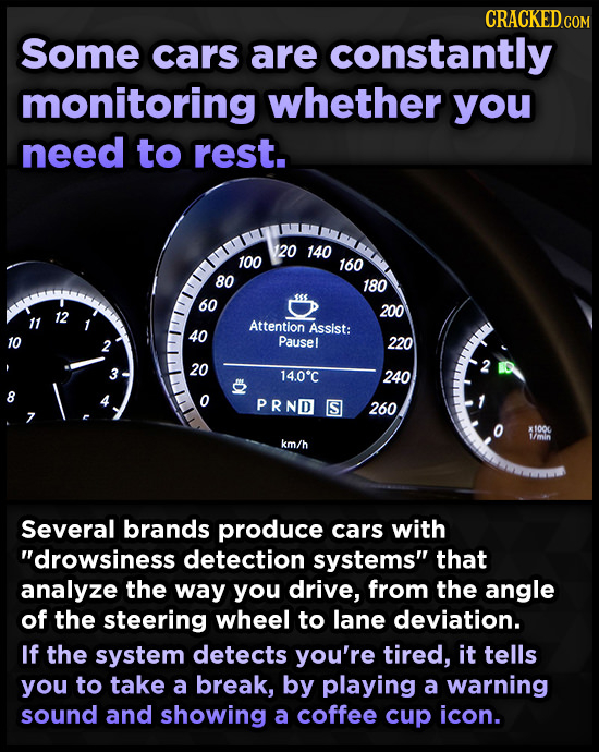 Some cars are constantly monitoring whether you need to rest. 20 140 100 160 80 180 60 12 200 Attention Assist: 40 10 Pausel 220 20 14.0'C 240 8 o PRN