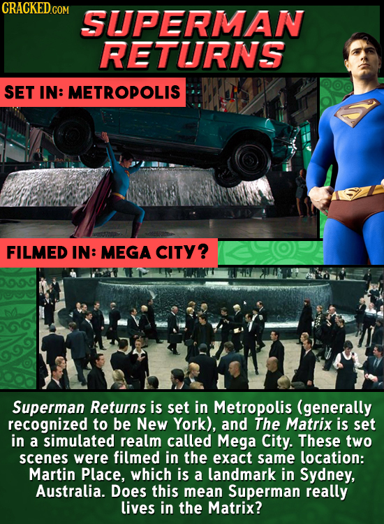 CRACKED.COM SUPERMAN RETURNS SET IN: METROPOLIS FILMED IN: MEGA CITY ? Superman Returns is set in Metropolis (generally recognized to be New York), an