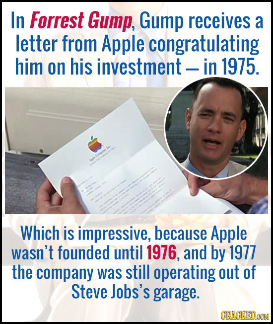 In Forrest Gump, Gump receives a letter from Apple congratulating him on his investment in 1975. reche Which is impressive, because Apple wasn't found