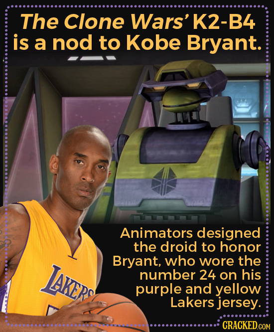 The Clone Wars'K2-B4 is a nod to Kobe Bryant. Animators designed the droid to honor Bryant, who JAKER wore the number 24 on his purple and yellow Lake