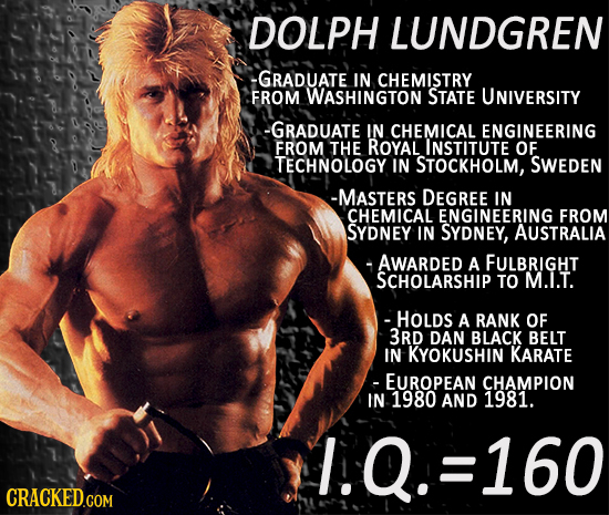 DOLPH LUNDGREN -GRADUATE IN CHEMISTRY FROM WASHINGTON STATE UNIVERSITY -GRADUATE IN CHEMICAL ENGINEERING FROM THE ROYAL INSTITUTE OF TECHNOLOGY IN STO