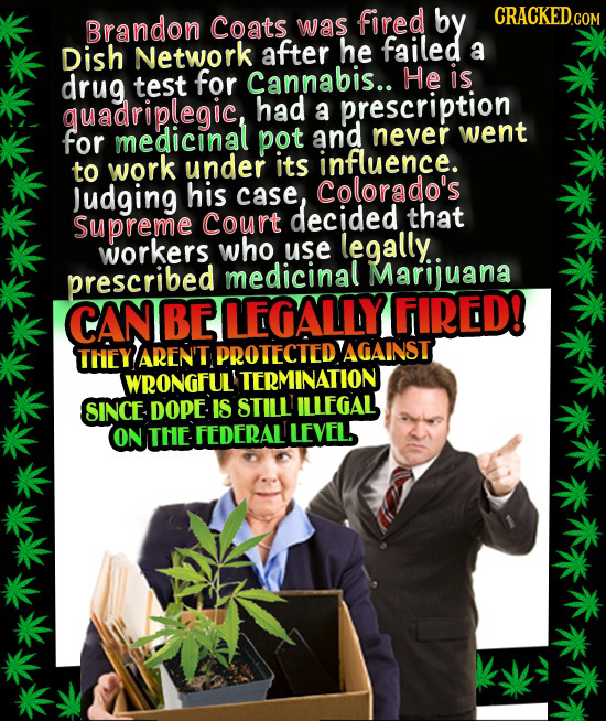 Brandon Coats was fired by CRACKED.COM Dish Network after he failed a drug is test for Cannabis.. He quadriplegic, had prescription a for medicinal po