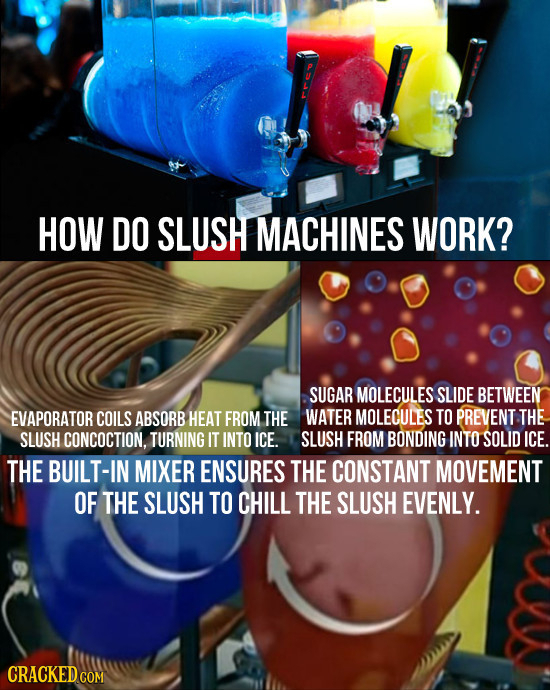 HOW DO SLUSH MACHINES WORK? SUGAR MOLECULES SLIDE BETWEEN EVAPORATOR COILS ABSORB HEAT FROM THE WATER MOLECULES TO PREVENT THE SLUSH CONCOCTION. TURNI