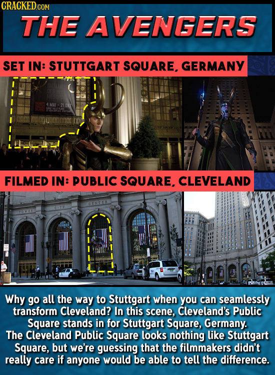 THE AVENGERS SET IN: STUTTGART SQUARE. GERMANY FILMED IN: PUBLIC SQUARE. CLEVELAND CINIER CITY 0V83 Why go all the way to Stuttgart when you can seaml