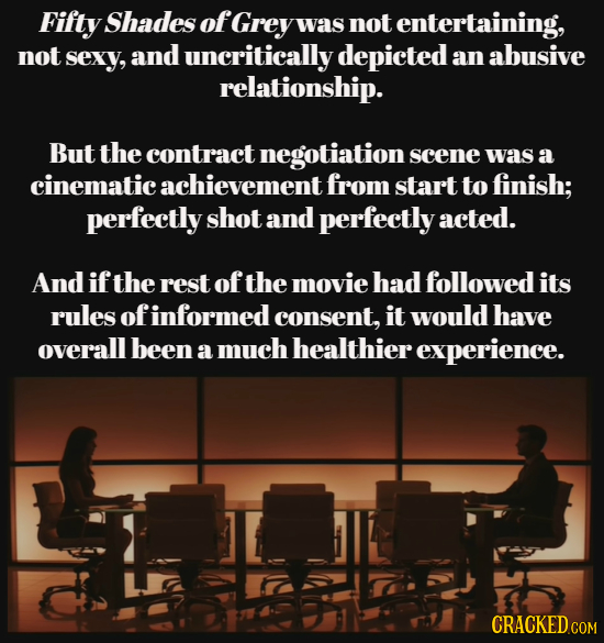 Fifty Shades of Grey was not entertaining, not sexy, and uncritically depicted an abusive relationship. But the contract negotiation scene was a cinem