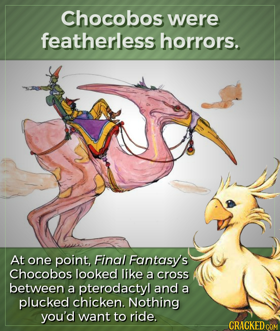 Chocobos were featherless horrors. At one point, Final Fantasy's Chocobos looked like a cross between a pterodactyl and a plucked chicken. Nothing you