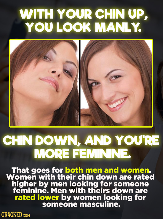 WITH YOUR CHIN UP, YOU LOOK MANLY. CHIN DOWN, AND YOU'RE MORE FEMININE. That goes for both men and women. Women with their chin down are rated higher 