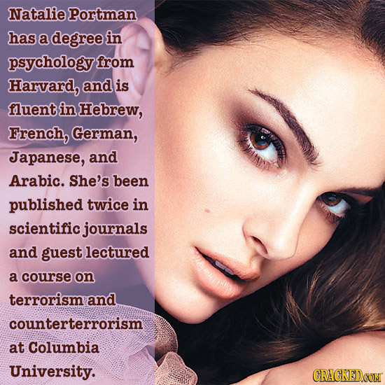 Natalie portman has a degree in psychology from Harvard, and is fluent in Hebrew, French, German, Japanese, and Arabic. She's been published twice in