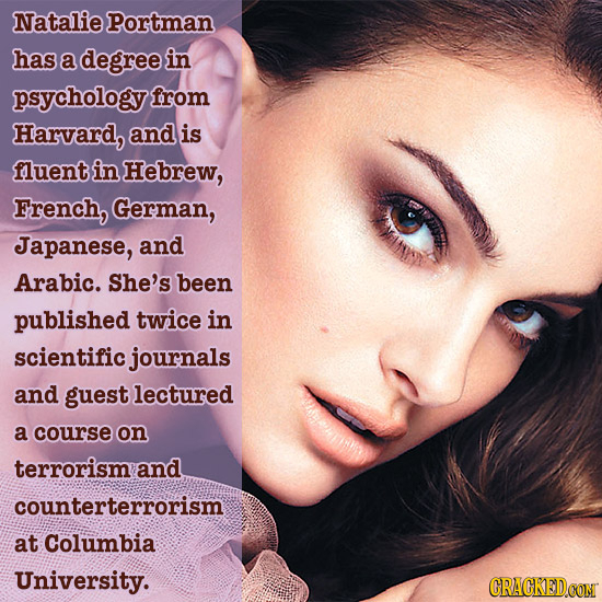 Natalie portman has a degree in psychology from Harvard, and is fluent in Hebrew, French, German, Japanese, and Arabic. She's been published twice in 