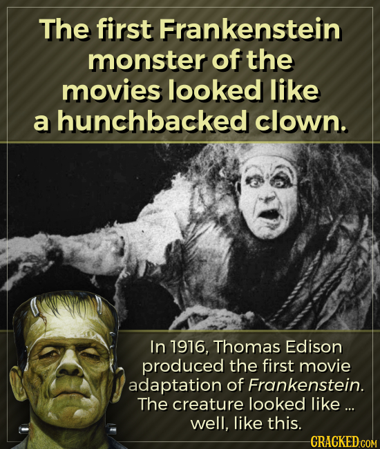 The first Frankenstein monster of the movies looked like a hunchbacked clown. In 1916, Thomas Edison produced the first movie adaptation of Frankenste