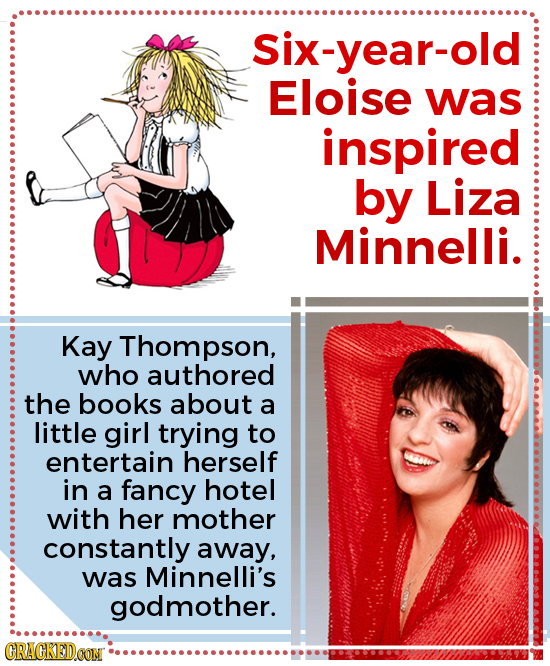 Six-year-old Eloise was inspired by Liza Minnelli. Kay Thompson, who authored the books about a little girl trying to entertain herself in a fancy hot
