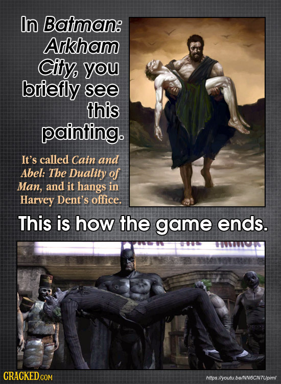 In Batman: Arkham City, you briefly see this painting. It's called Cain and Abel: The Duality of Man, and it hangs in Harvey Dent's office. This is ho
