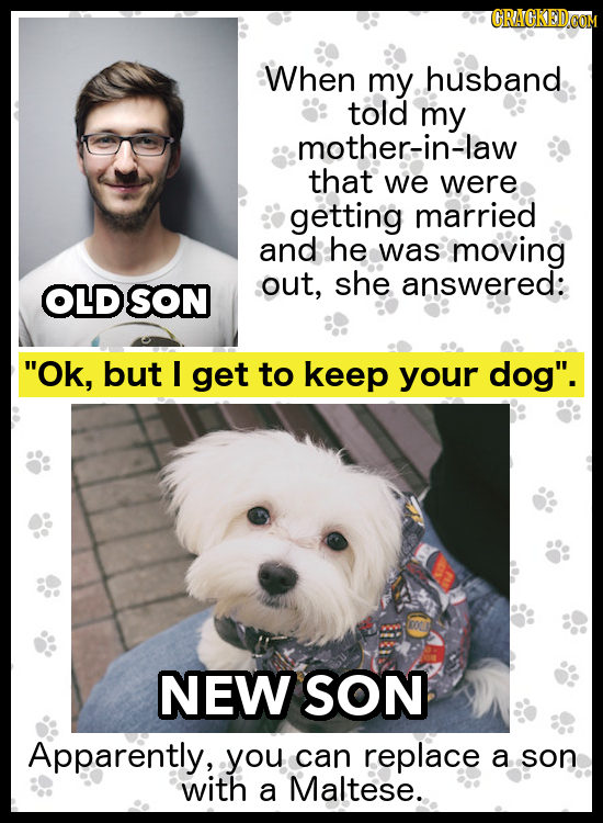 When my husband told my mother-in-law that we were getting married and he was moving out, she answered: OLD SON Ok, but I get to keep your dog. NEW