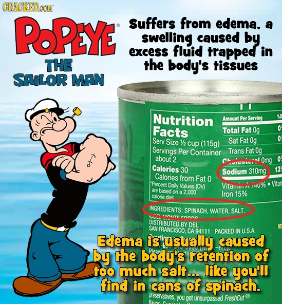 CRACKEDOON POPYE Suffers from edema, a swelling caused by excess fluid trapped in THE the body's tissues SAELOR MAN Nutrition Amount Per Serving Facts