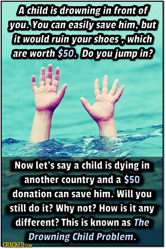 A child is drowning in front of you. You can easily save him, but it would ruin your shoes which are worth $50. Do you jump in? Now let's say a child 