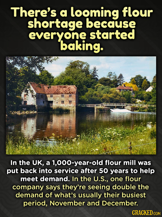 There's a looming flour shortage because everyone started baking. In the UK, a 1,000-year-old flour mill was put back into service after 50 years to h