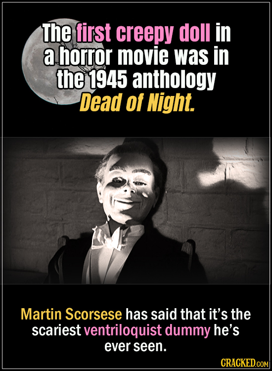 18 Horror Movies That Did It First - The first creepy doll in a horror movie was in the 1945 anthology Dead of Night.
Martin Scorsese has said that it