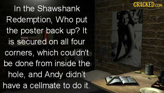 CRACKED In the Shawshank Redemption, Who put the poster back up? It is secured on all four corners, which couldn't be done from inside the hole, and A