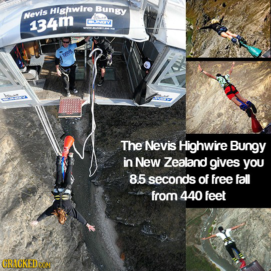 Highwire Bungy Nevis 134m BLNCY Eg SOY The Nevis Highwire Bungy in New Zealand gives you 8.5 seconds of free fall from 440 feet CRACKED COM