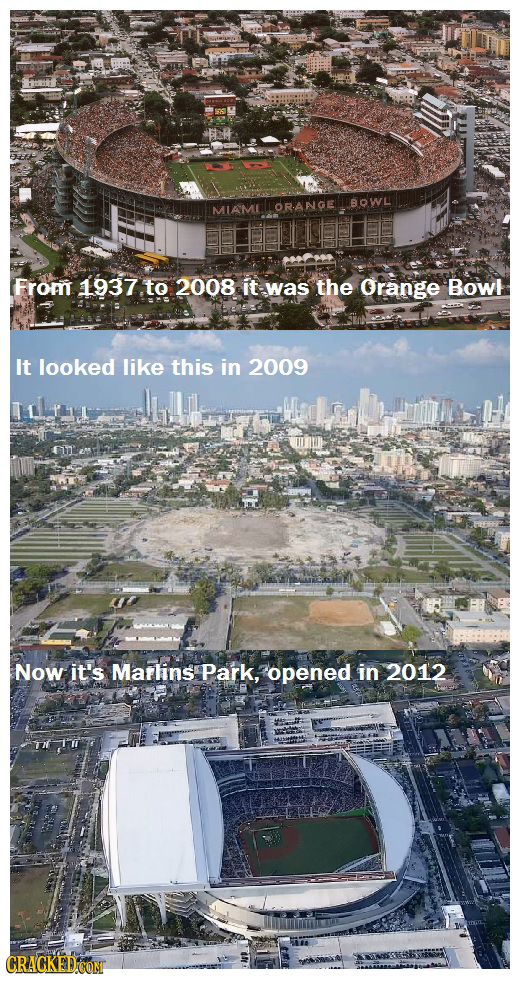 OR.ANGE BOWL From 1937 to 2008 it was the Orange Bowi It looked like this in 2009 Now it's Marlins Park, opened in 2012 CRACKED COM