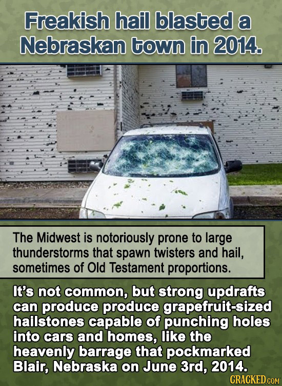 Freakish hail blasted a Nebraskan town in 2014. The Midwest is notoriously prone to large thunderstorms that spawn twisters and hail, sometimes of Old
