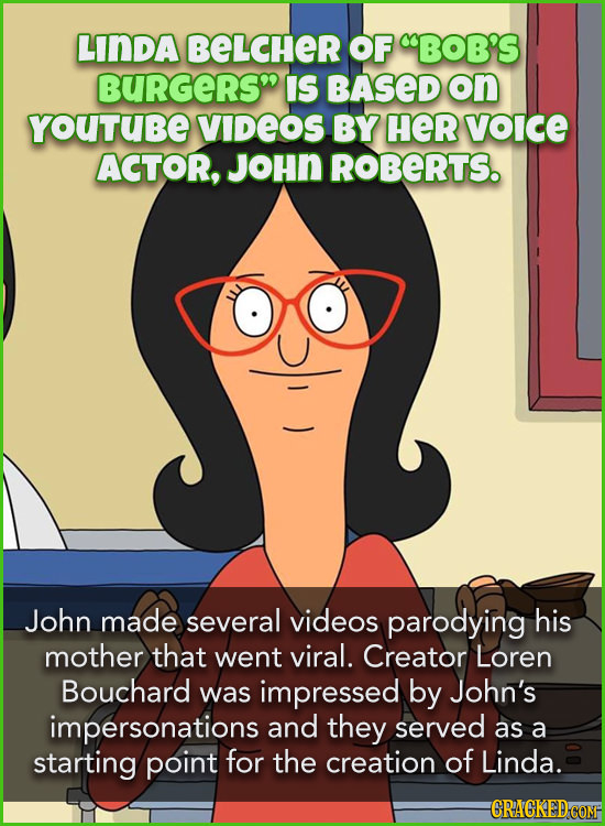 LINDA BELCHER OF BOB'S BURGERS IS BASED on youtube VIDEOS BY HER voice ACTOR, JOHn ROBERTS. John made several videos parodying his mother that went 