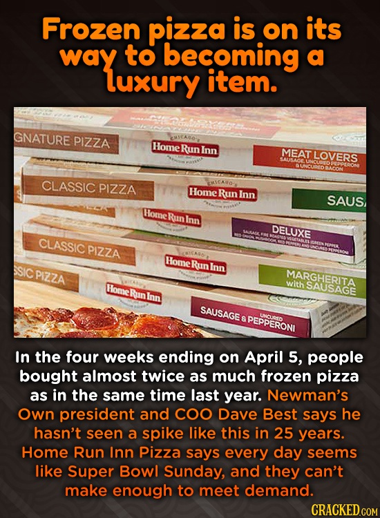 Frozen pizza is on its way to becoming a luxury item. GNATURE PIZZA Home Run inn MEAT LOVERS UNCUUED UNCUDD CLASSIC PIZZA SHICAVO Home Run inn SAUS Mo