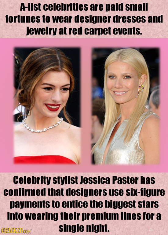 A-list celebrities are paid small fortunes to wear designer dresses and jewelry at red carpet events. Celebrity stylist Jessica Paster has confirmed t