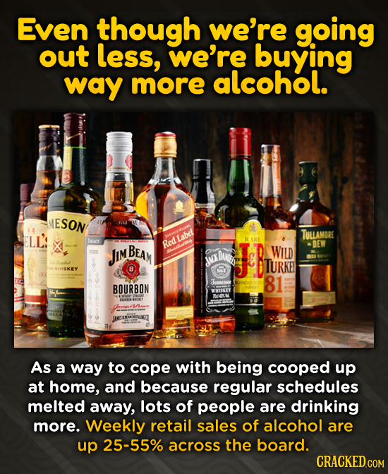 Even though we're going out less, we're buying way more alcohol. MESON TULLAMORE ELL'S BEAM Red Label DEW JIM Jnsw JB WILD TURKEY WHISKEY Jene 81 BOUR