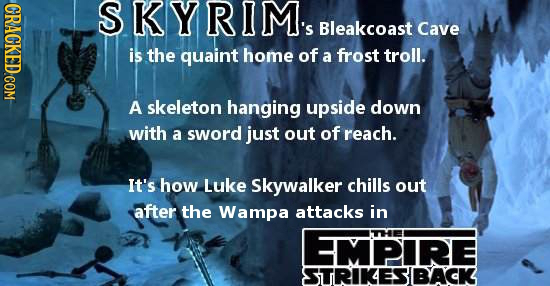 SKYRIM. Bleakcoast Cave is the quaint home of a frost troll. A skeleton hanging upside down with a sword just out of reach. It's how Luke Skywalker ch