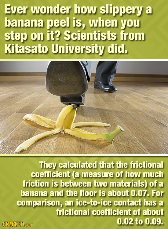 Ever wonder how slippery a banana peel is, when you step on it? Scientists from Kitasato University did. They calculated that the frictional coefficie
