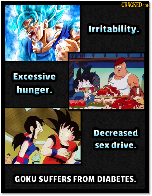 CRACKEDo COM Irritability. Excessive hunger. Decreased sex drive. GOKU SUFFERS FROM DIABETES.