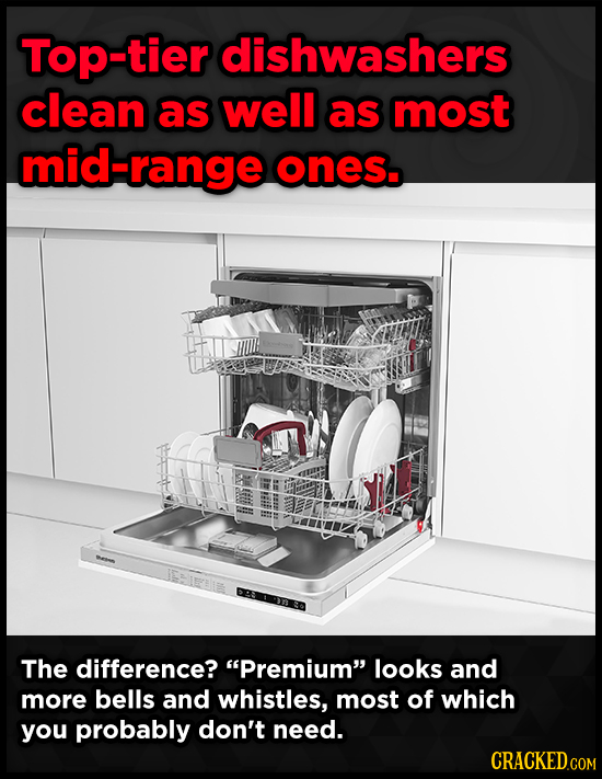Top-tier dishwashers clean as well as most mid-range ones. The difference? Premium looks and more bells and whistles, most of which you probably don