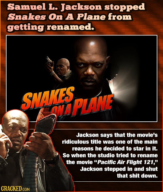 Samuel L. Jackson stopped Snakes On A Plane from getting renamed. SNAKES. ONA PLANE Jackson says that the movie's ridiculous title was one of the main