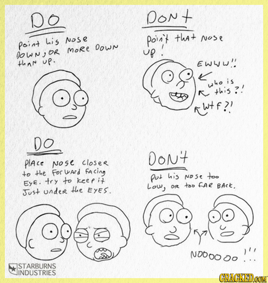 DO Dont Poin't tha+ Lis Nose NoSe point MORE 0OWn up !' IOWNJOR than up. EW4W who is +hi5 ?! twtf!?.' DO Don't place Nose closer Fa cing to the For w