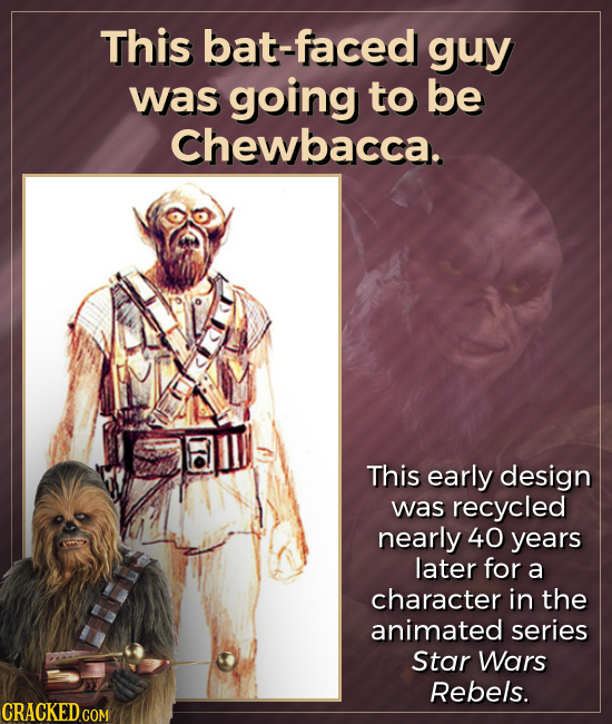 This bat-faced guy was going to be chewbacca. This early design was recycled nearly 40 years later for a character in the animated series Star Wars Re