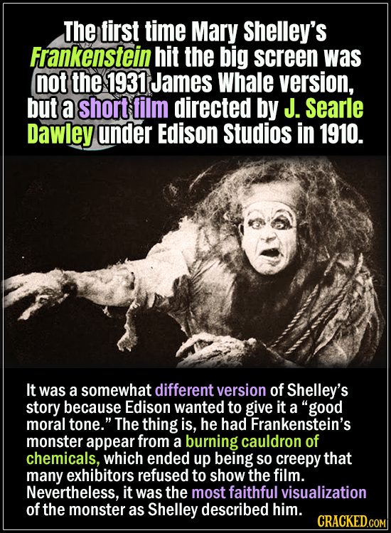 18 Horror Movies That Did It First- The first time Mary Shelley’s Frankenstein hit the big screen was not the 1931 James Whale version, but a short fi