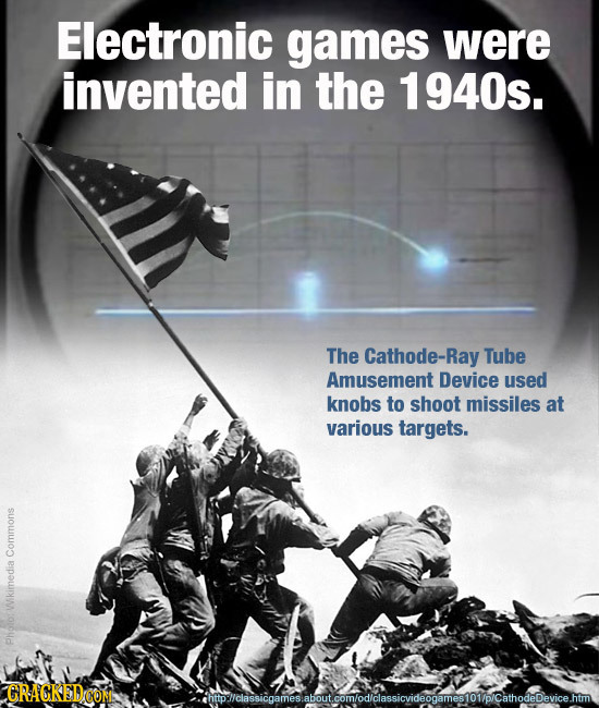 Electronic games were invented in the 1940s. The Cathode-Ray Tube Amusement Device used knobs to shoot missiles at various targets. Commons Wkimedia p