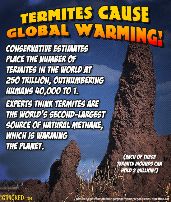 CAUSE TERMITES WARMING! GLOBAL CONSERVATIVE ESTIMATES PLACE THE NUMBER OF TERMITES IN THE WORLD AT 250 TRILLION, OUTNUMBERING HAMANS 40, 000 TO 7. EXP