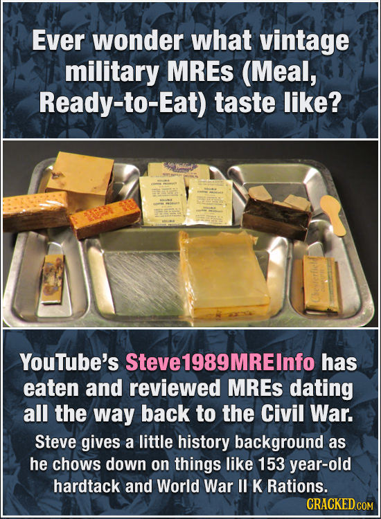 Ever wonder what vintage military MRES (Meal, Ready-to-Eat) taste like? Wel4omf Cheferfield YouTube's Steve1989MRElnfo has eaten and reviewed MRES dat
